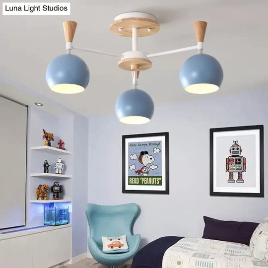 Nordic Style Wood And Metal Ceiling Light 3-Light Semi Flush Mount With Orb Shade For Kids Bedroom