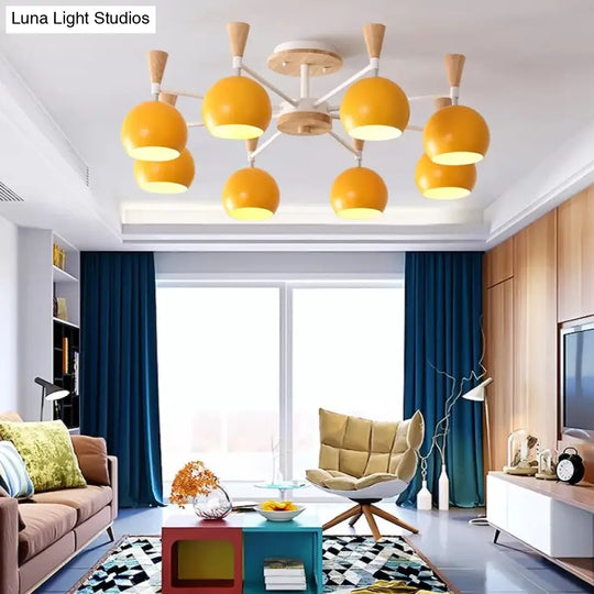 Nordic Style Wood And Metal Ceiling Light 3-Light Semi Flush Mount With Orb Shade For Kids Bedroom 8