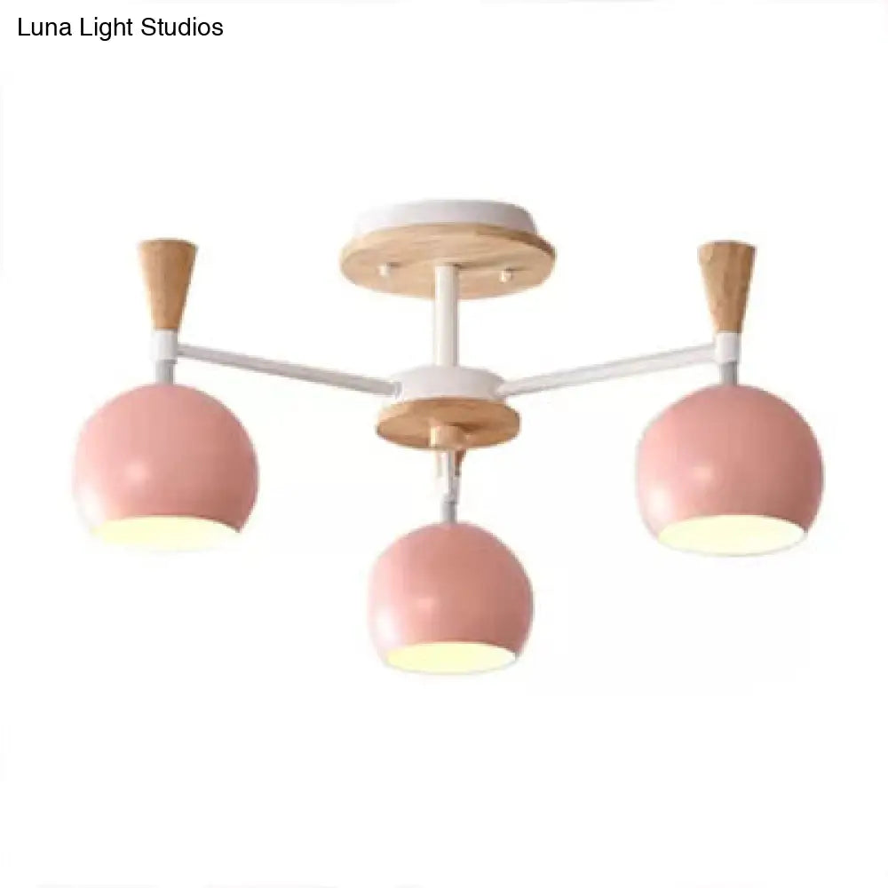 Nordic Style Wood And Metal Ceiling Light 3-Light Semi Flush Mount With Orb Shade For Kids Bedroom 3