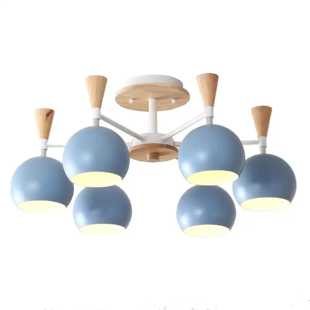 Nordic Style Wood And Metal Ceiling Light 3-Light Semi Flush Mount With Orb Shade For Kids Bedroom