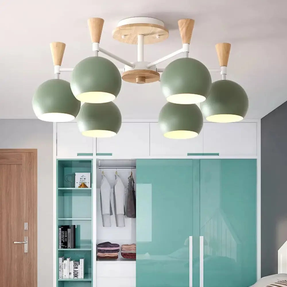 Nordic Style Wood And Metal Ceiling Light 3-Light Semi Flush Mount With Orb Shade For Kids Bedroom