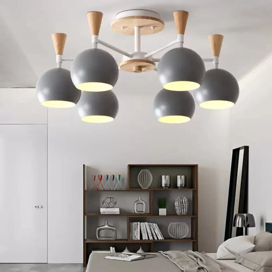 Nordic Style Wood And Metal Ceiling Light 3-Light Semi Flush Mount With Orb Shade For Kids Bedroom