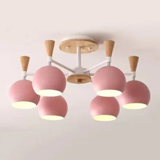 Nordic Style Wood And Metal Ceiling Light 3-Light Semi Flush Mount With Orb Shade For Kids Bedroom