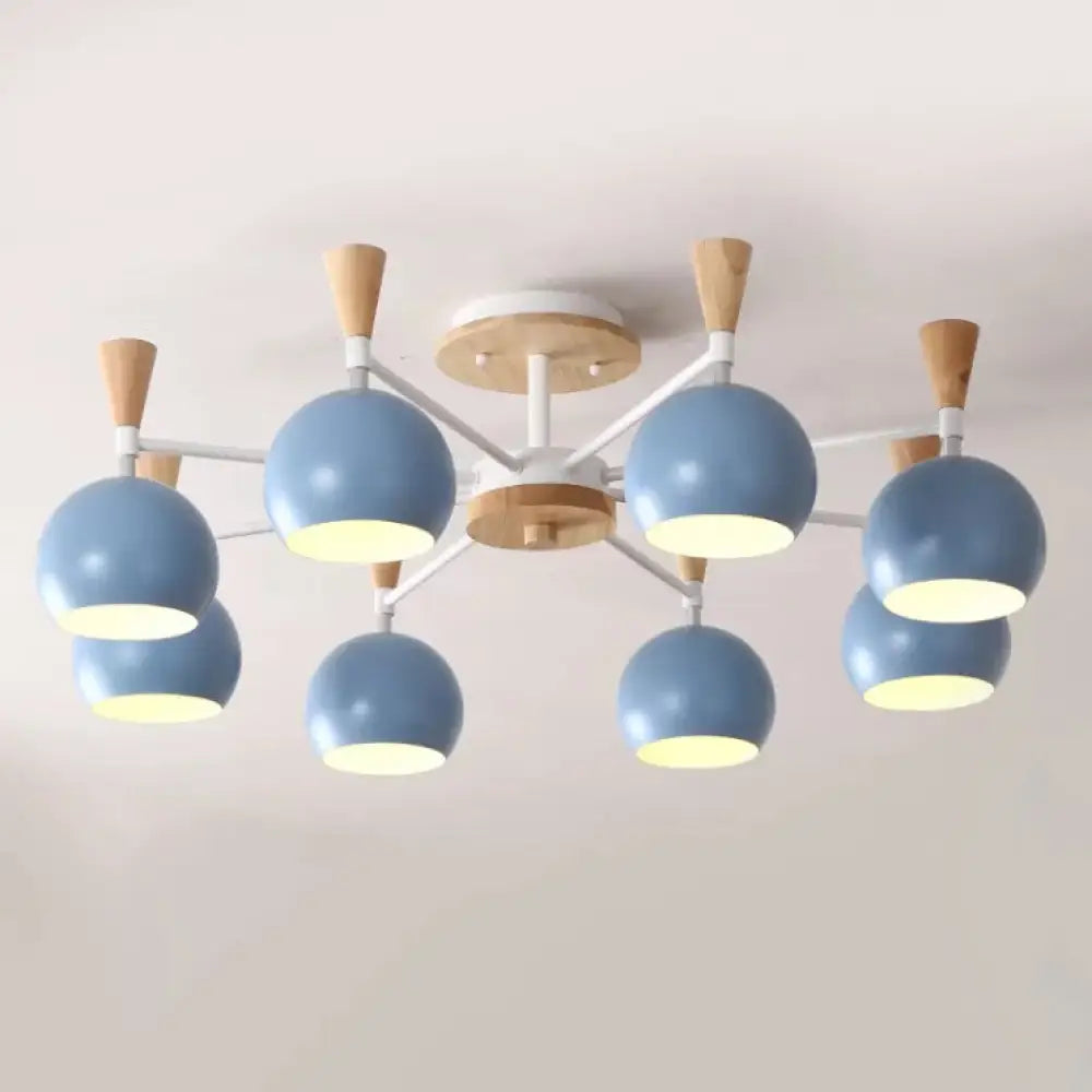 Nordic Style Wood And Metal Ceiling Light 3-Light Semi Flush Mount With Orb Shade For Kids Bedroom