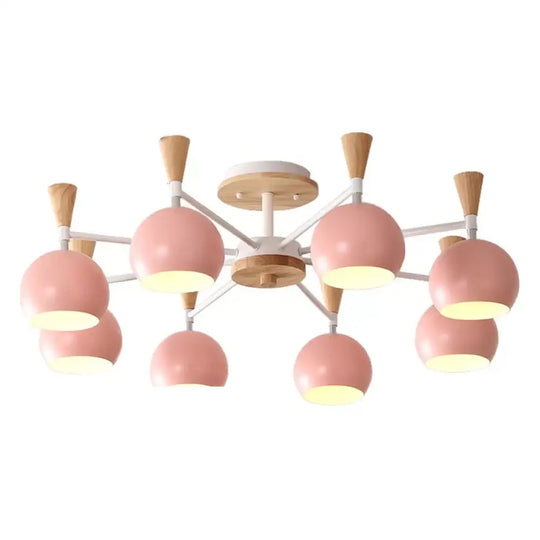 Nordic Style Wood And Metal Ceiling Light 3-Light Semi Flush Mount With Orb Shade For Kids Bedroom