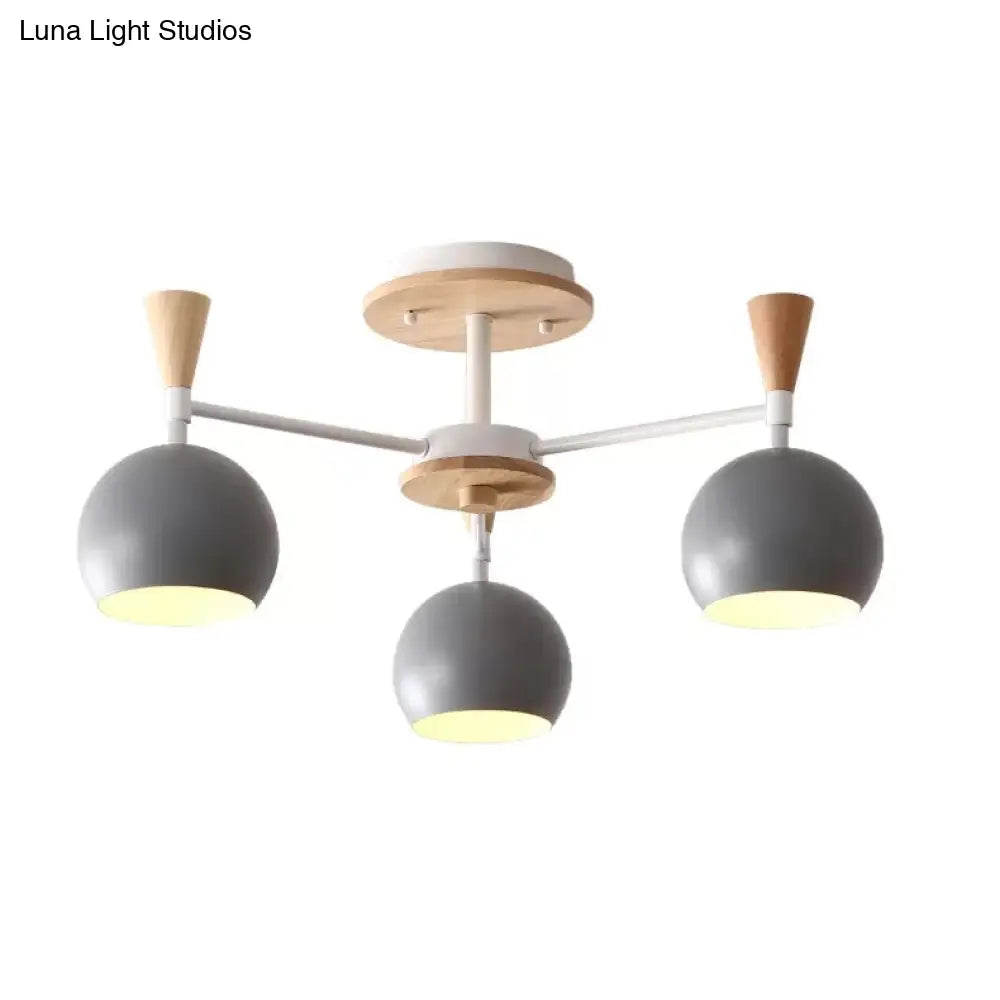 Nordic Style Wood And Metal Ceiling Light 3-Light Semi Flush Mount With Orb Shade For Kids Bedroom 3