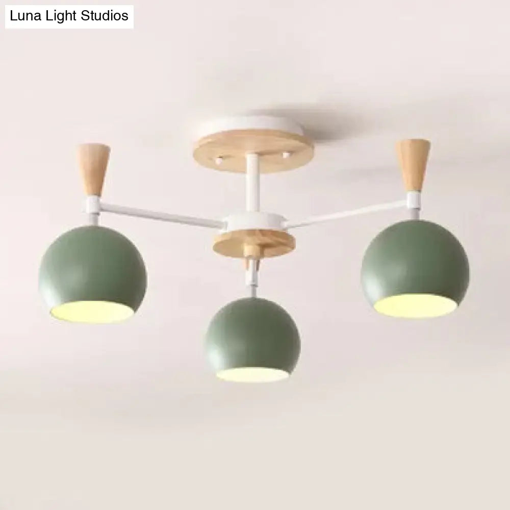 Nordic Style Wood And Metal Ceiling Light 3-Light Semi Flush Mount With Orb Shade For Kids Bedroom 3