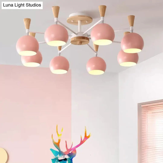 Nordic Style Wood And Metal Ceiling Light 3-Light Semi Flush Mount With Orb Shade For Kids Bedroom