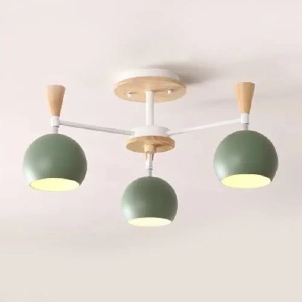 Nordic Style Wood And Metal Ceiling Light 3-Light Semi Flush Mount With Orb Shade For Kids Bedroom