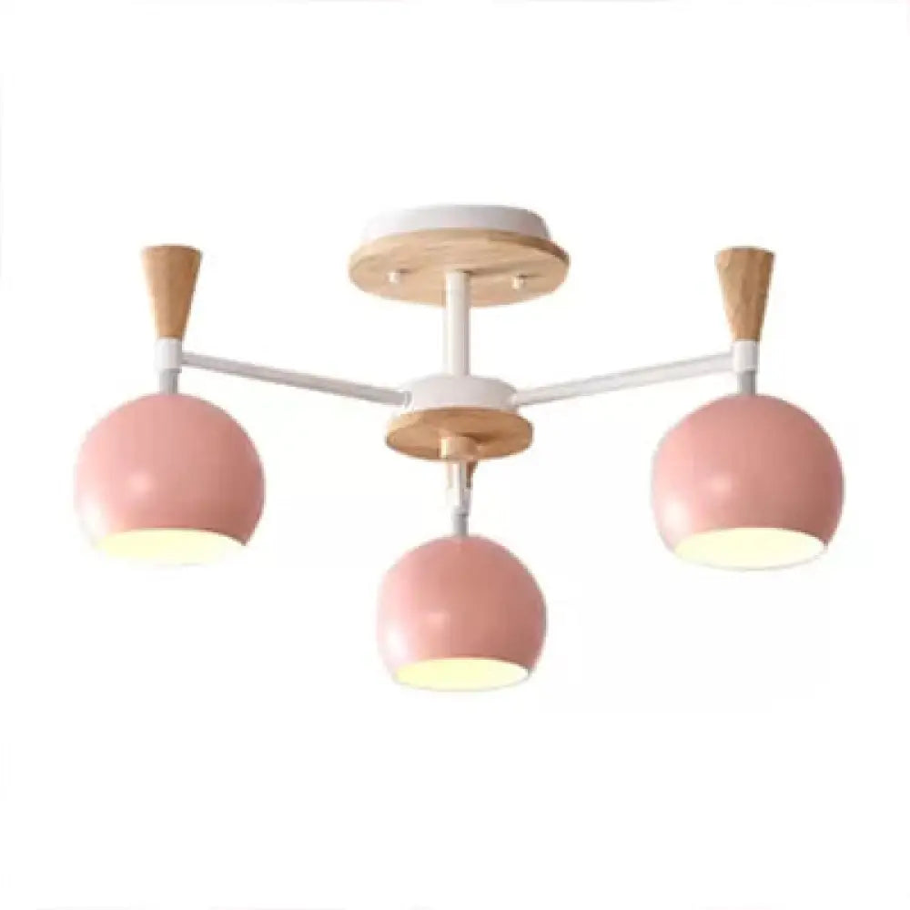 Nordic Style Wood And Metal Ceiling Light 3-Light Semi Flush Mount With Orb Shade For Kids Bedroom