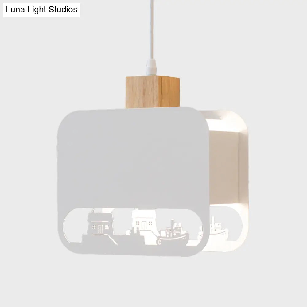 Nordic Style Wood And White Kids Bedroom Hanging Light Kit With Etched Iron Shade