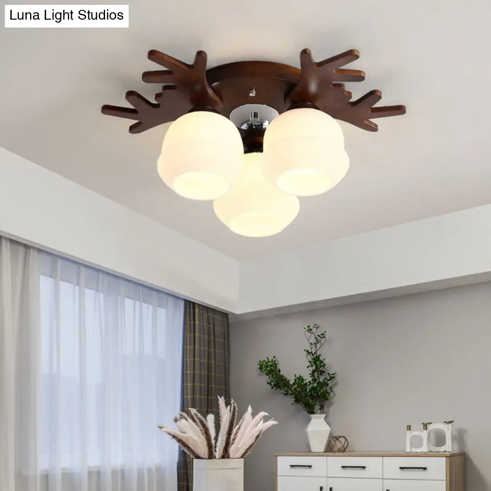 Nordic-Style Wood Flush Ceiling Light With Antler Design And White Glass Shade