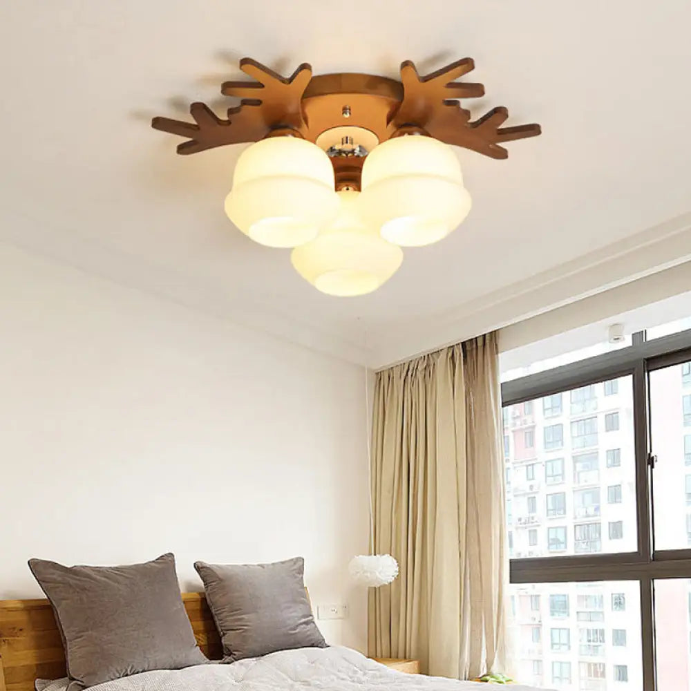 Nordic - Style Wood Flush Ceiling Light With Antler Design And White Glass Shade 3 /