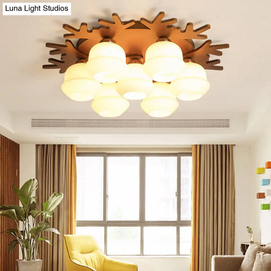 Nordic-Style Wood Flush Ceiling Light With Antler Design And White Glass Shade 7 /