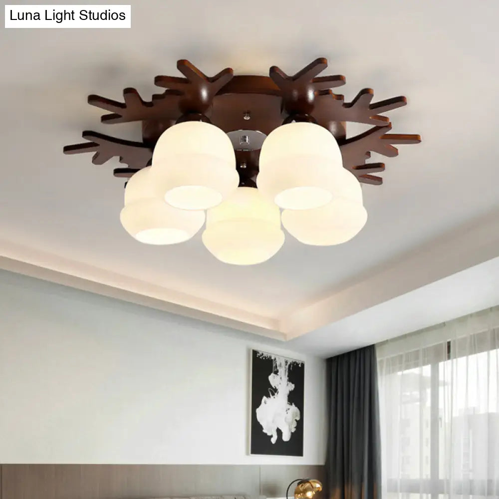 Nordic - Style Wood Flush Ceiling Light With Antler Design And White Glass Shade