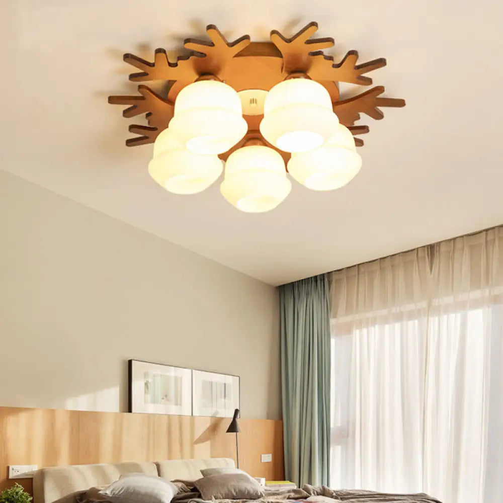 Nordic - Style Wood Flush Ceiling Light With Antler Design And White Glass Shade 5 /