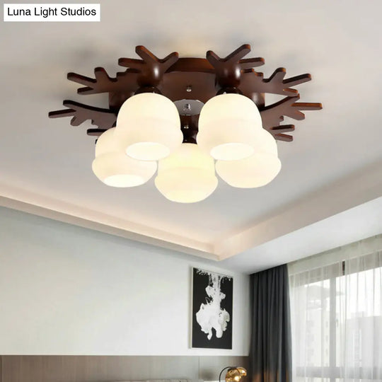 Nordic-Style Wood Flush Ceiling Light With Antler Design And White Glass Shade