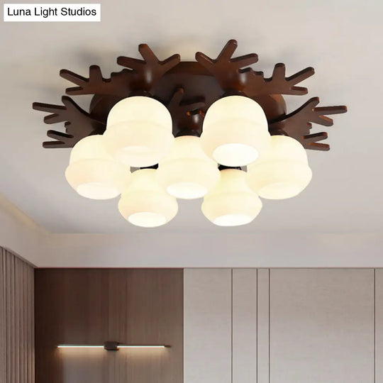 Nordic-Style Wood Flush Ceiling Light With Antler Design And White Glass Shade