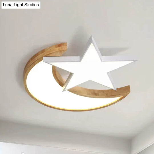 Nordic-Style Wood Star Moon Ceiling Mount Light For Nursing Room And Bedroom White