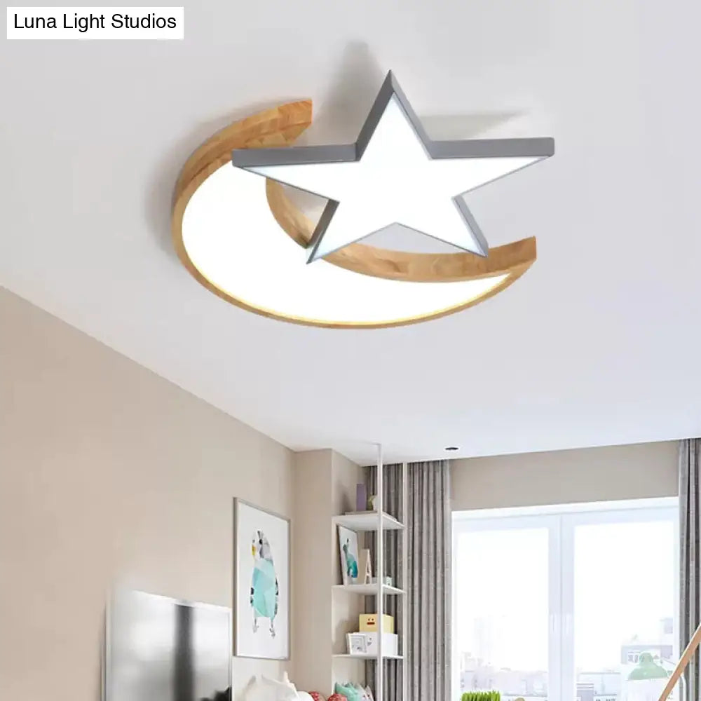 Nordic-Style Wood Star Moon Ceiling Mount Light For Nursing Room And Bedroom Grey