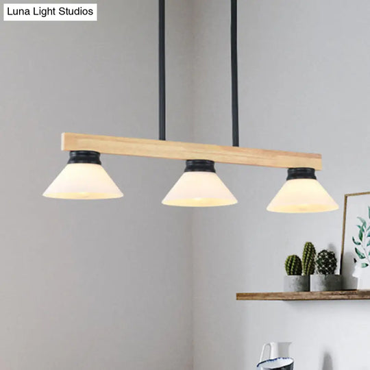 Nordic Style Wooden Cone Shade Chandelier - 3/4 Heads Linear Pendant Light For Kitchen Island