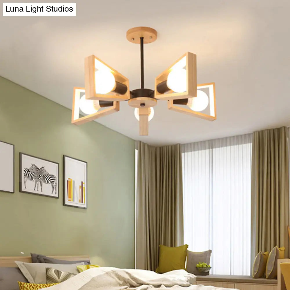 Nordic Style White Chandelier Light Fixture - Wooden Fan Shaped Ceiling Lighting For Dining Room