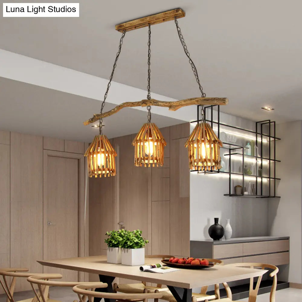 Nordic Style Wooden House Pendant Light With 3 Heads - Ideal For Dining Room