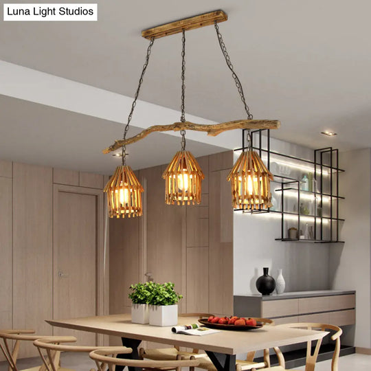 Nordic Style Wooden House Pendant Light With 3 Heads - Ideal For Dining Room