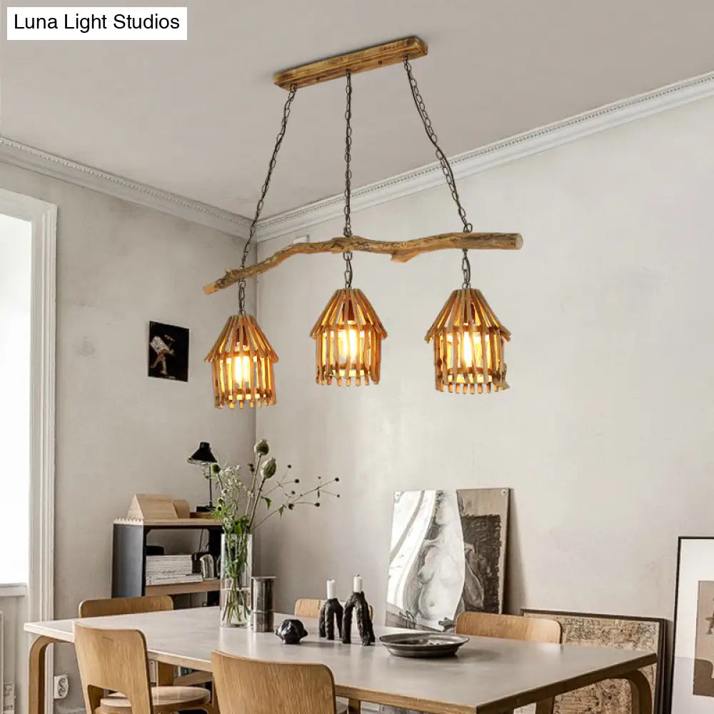 Nordic Style Wooden House Pendant Light With 3 Heads - Ideal For Dining Room