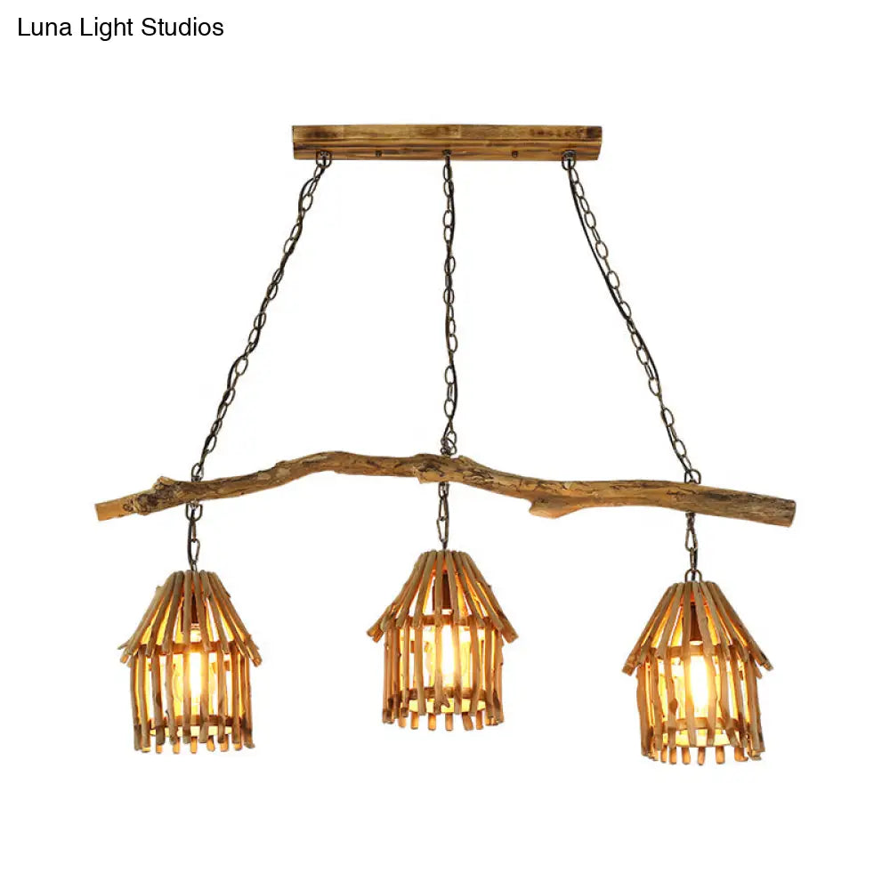 Nordic Style Wooden House Pendant Light With 3 Heads - Ideal For Dining Room