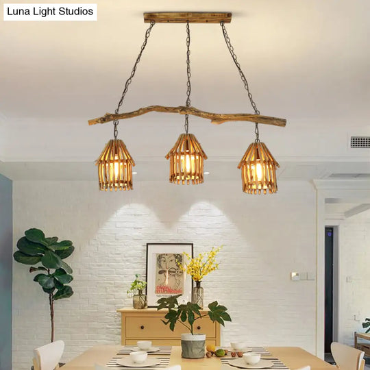 Nordic Style Wooden House Pendant Light With 3 Heads - Ideal For Dining Room