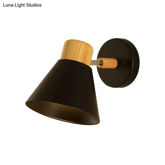 Nordic Stylish Cone Shade Wall Mount Light With Rotatable Bedside Sconce - Metal And Wood 1 Bulb