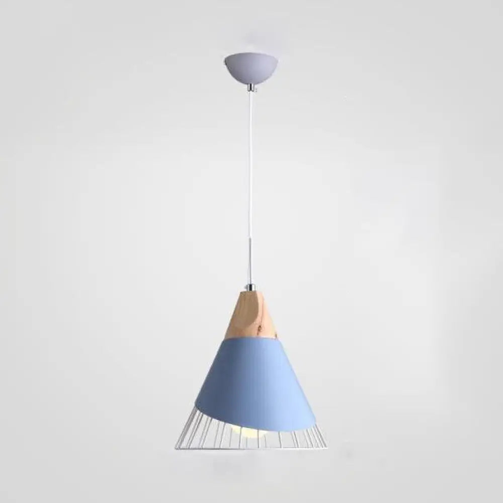 Nordic Stylish Conical Pendant Light In Blue/Green/Yellow - Metal Finish 1-Light Bedroom Stairway