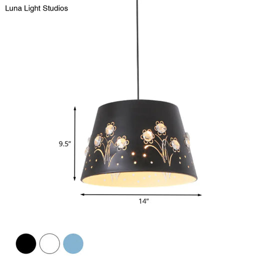 Nordic Tapered Hollowed Out Iron Pendant - 1-Head Hanging Ceiling Light With Crystal Accent