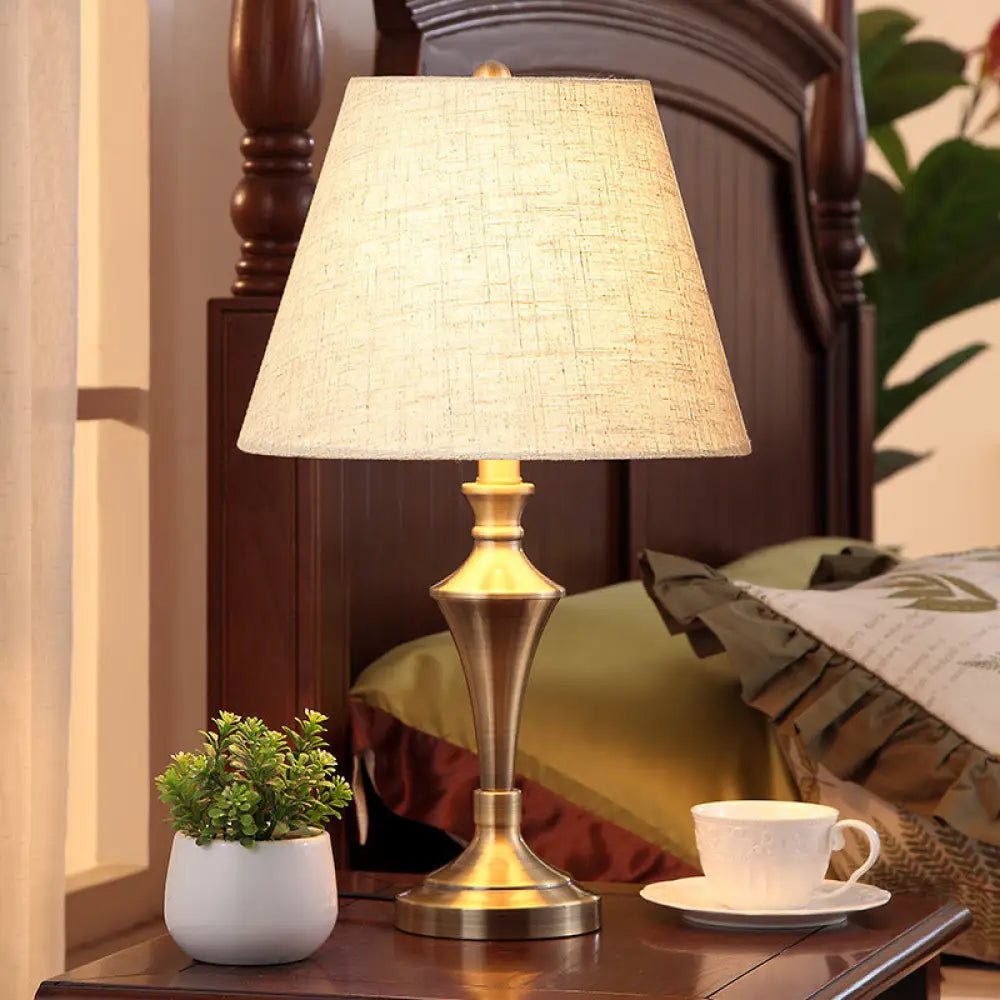 Nordic Tapered Metal Nightstand Lamp - Elegant Flaxen Fabric Shade Perfect For Living Room Night