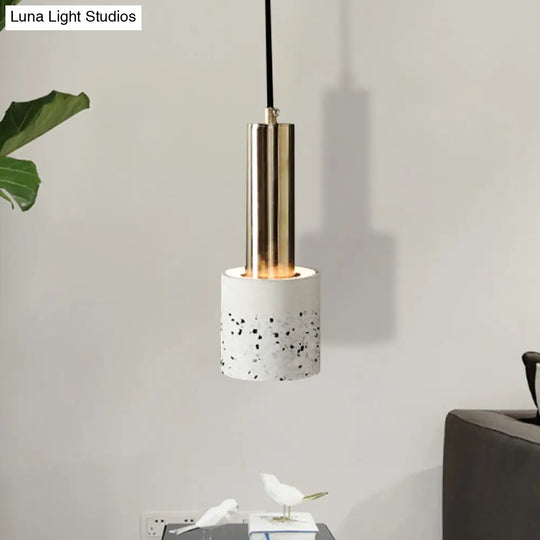 Nordic Terrazzo 1-Light Hanging Cylinder Ceiling Lamp - White/Black/Pink With Tube Gold Accent White