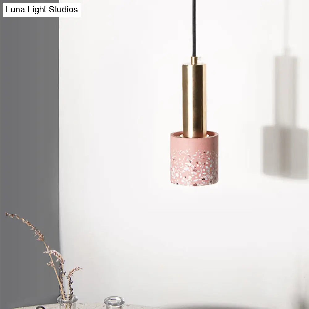 Nordic Terrazzo 1-Light Hanging Cylinder Ceiling Lamp - White/Black/Pink With Tube Gold Accent