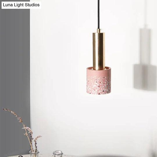 Nordic Terrazzo 1-Light Hanging Cylinder Ceiling Lamp - White/Black/Pink With Tube Gold Accent