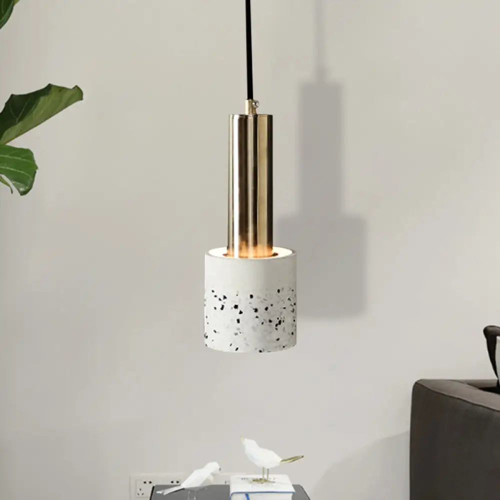 Nordic Terrazzo 1-Light Cylinder Hanging Light For Bedroom Ceiling - White/Black/Pink With Tube