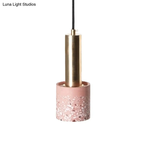 Nordic Terrazzo 1-Light Cylinder Hanging Light For Bedroom Ceiling - White/Black/Pink With Tube