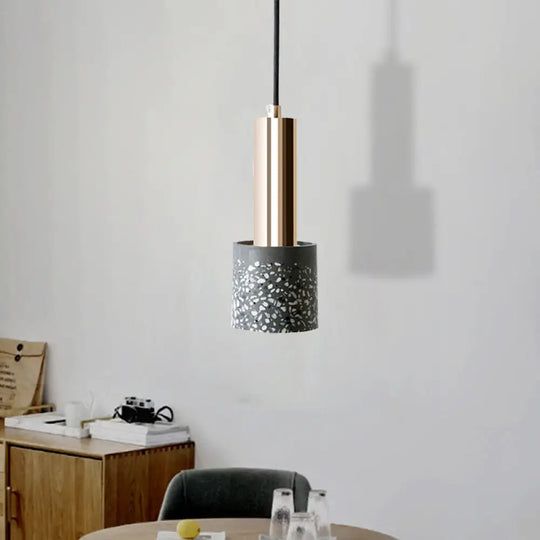 Nordic Terrazzo 1-Light Cylinder Hanging Light For Bedroom Ceiling - White/Black/Pink With Tube