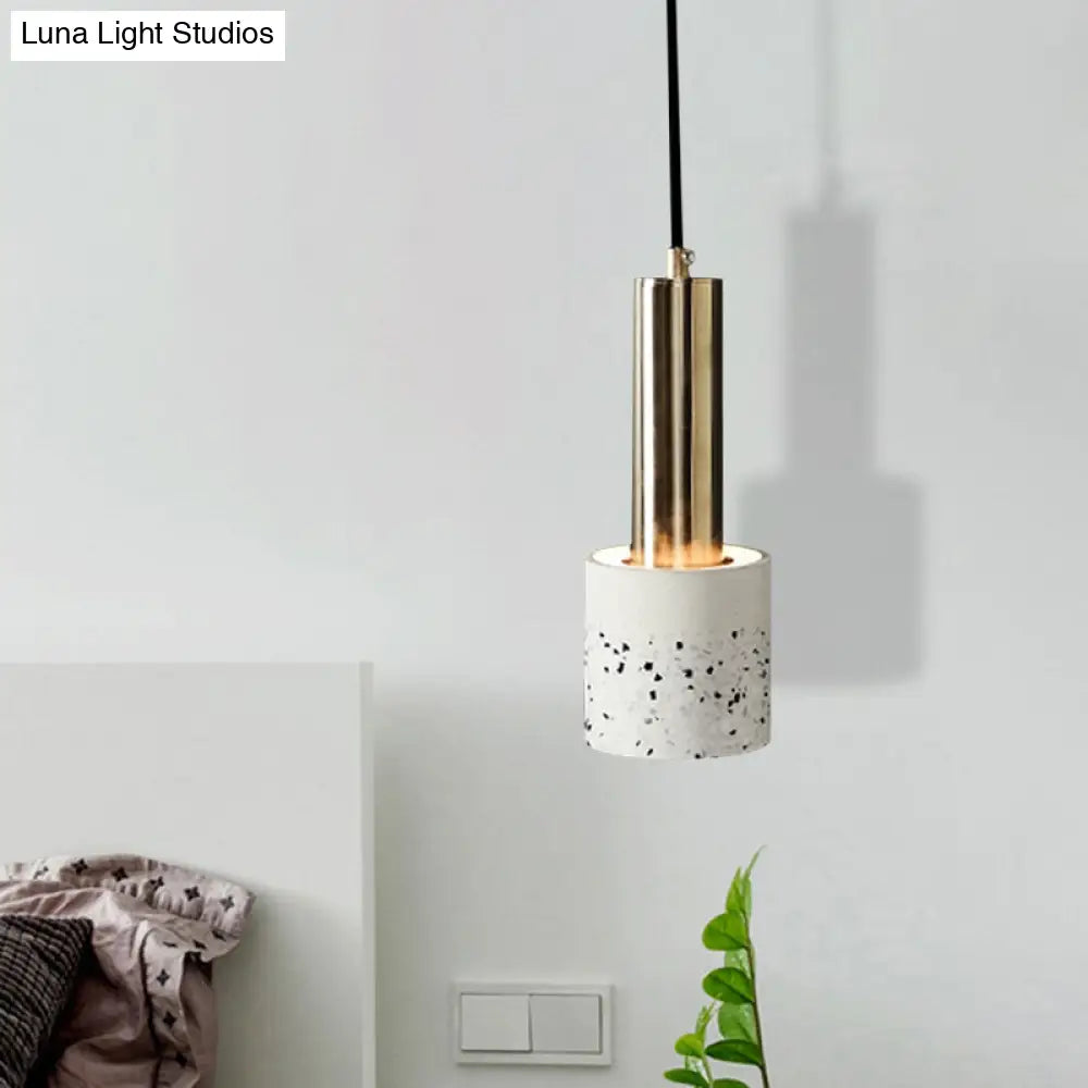 Nordic Terrazzo 1-Light Hanging Cylinder Ceiling Lamp - White/Black/Pink With Tube Gold Accent