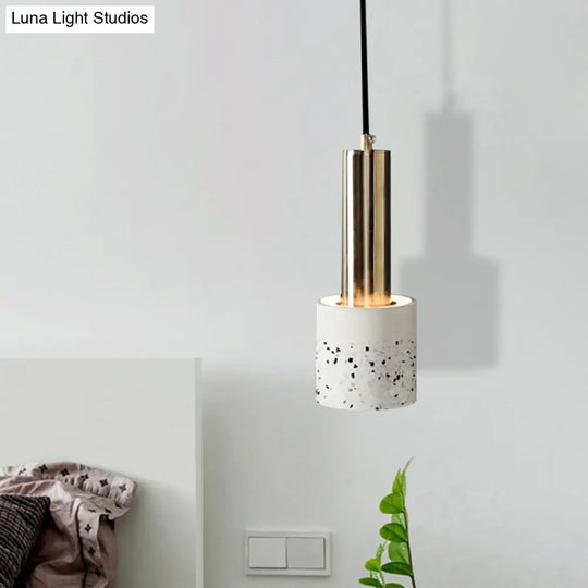 Nordic Terrazzo 1-Light Hanging Cylinder Ceiling Lamp - White/Black/Pink With Tube Gold Accent