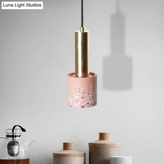 Nordic Terrazzo 1-Light Hanging Cylinder Ceiling Lamp - White/Black/Pink With Tube Gold Accent Pink