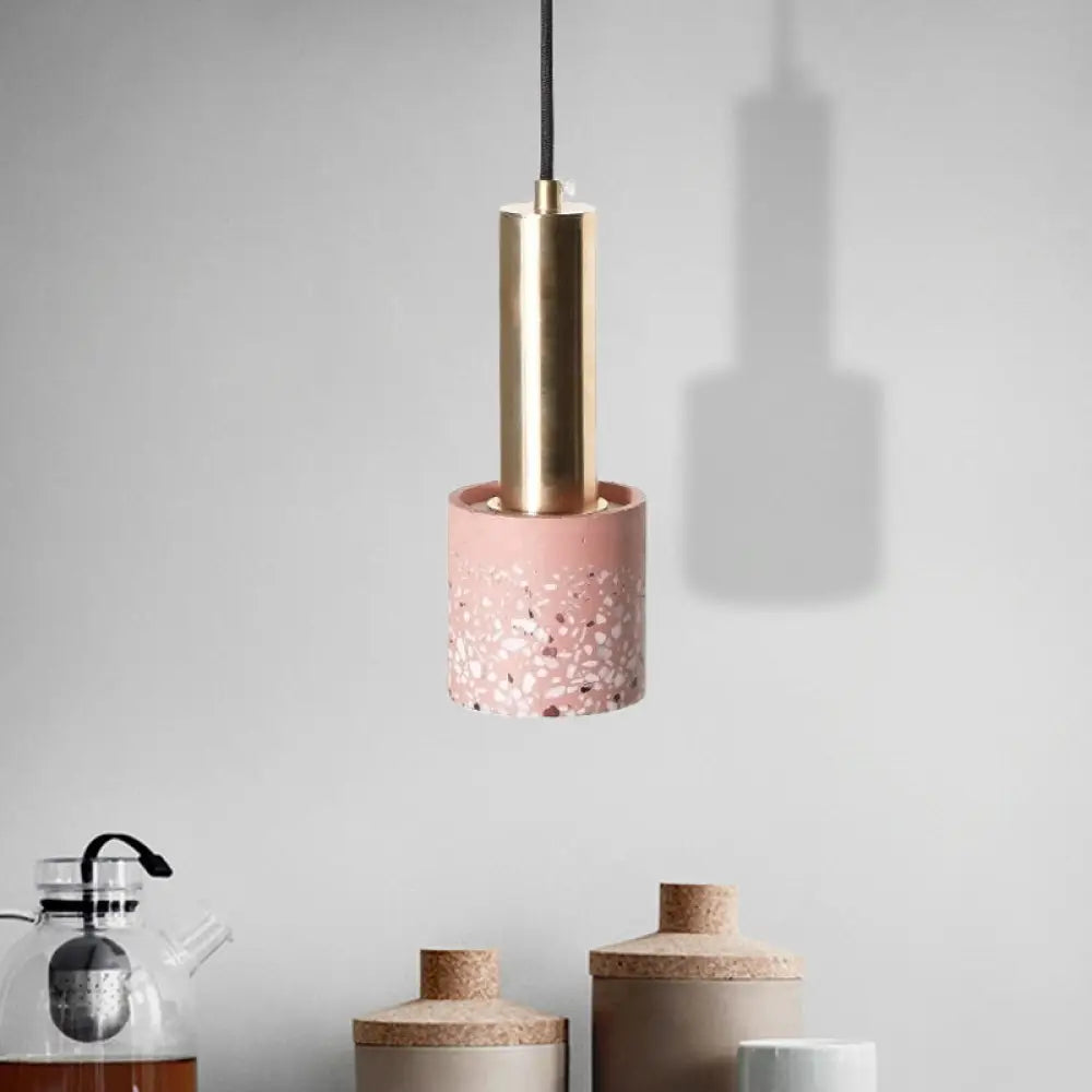 Nordic Terrazzo 1-Light Cylinder Hanging Light For Bedroom Ceiling - White/Black/Pink With Tube