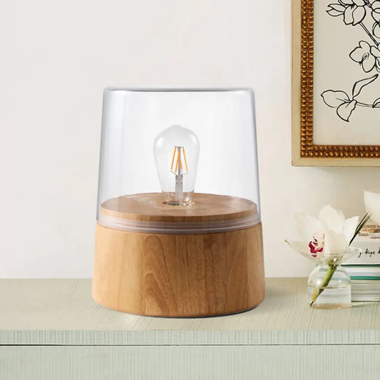 Nordic Translucent Glass Jar Table Lamp With Wood Round Pedestal - 1 Light Nightstand Lighting