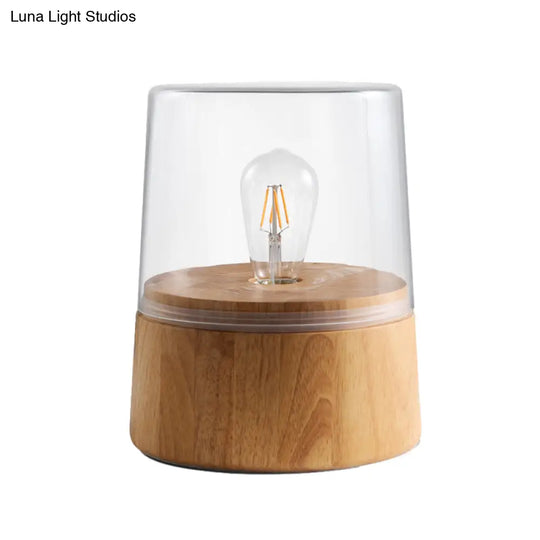 Nordic Translucent Glass Jar Table Lamp With Wood Round Pedestal - 1 Light Nightstand Lighting