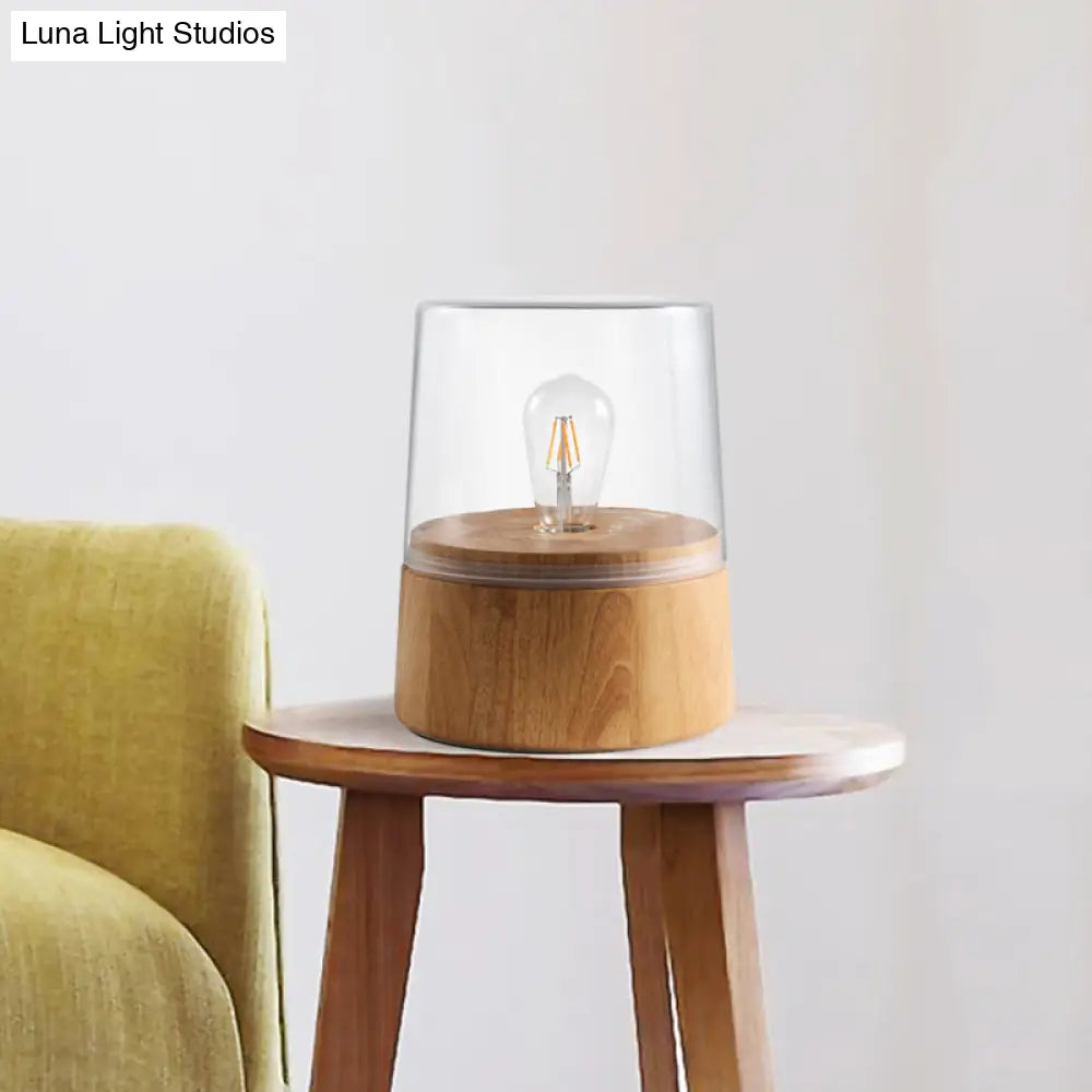 Nordic Translucent Glass Jar Table Lamp With Wood Round Pedestal - 1 Light Nightstand Lighting