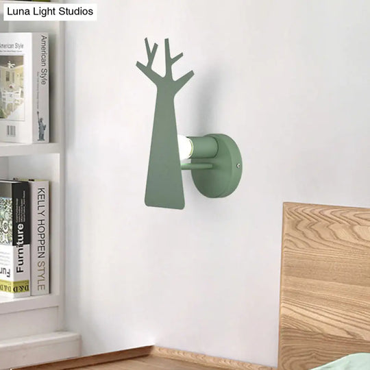 Nordic Tree Silhouette Wall Light - 1 Head Iron Sconce In Green/White/Grey For Bedroom