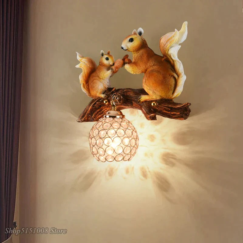 Nordic Vintage Style Resin Squirrel Crystal Led Wall Lamp